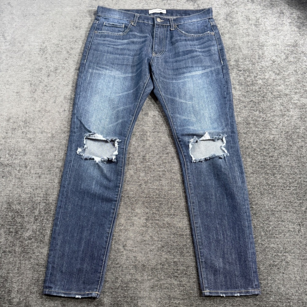 Fashion Nova Men Distressed Ripped Knee Slim Jeans Medium Wash Blue Size 32